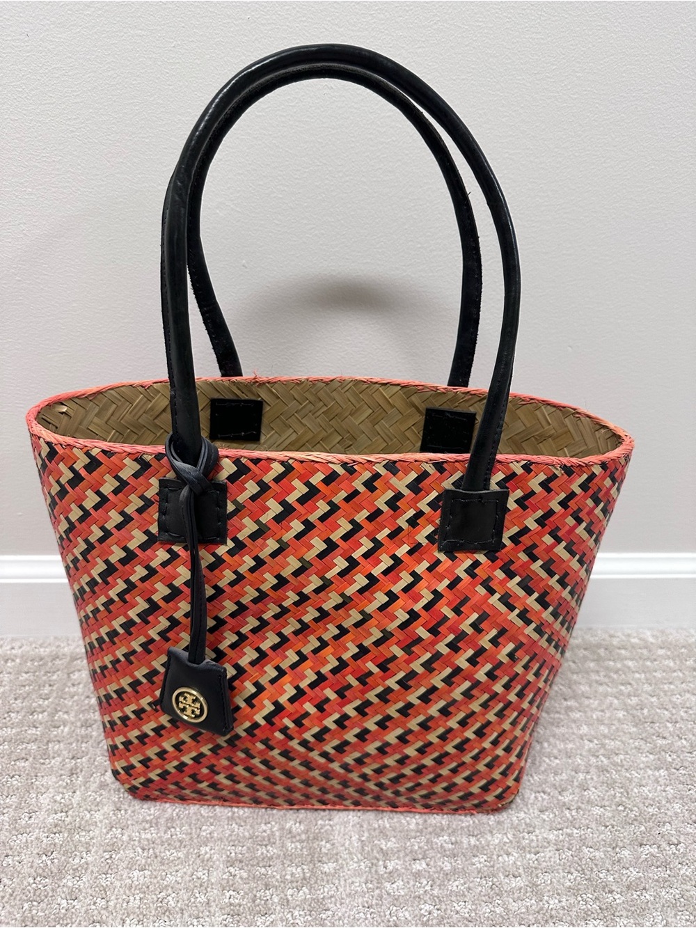Tory Burch Orange and Black Woven Straw Tote - Picture 1 of 4